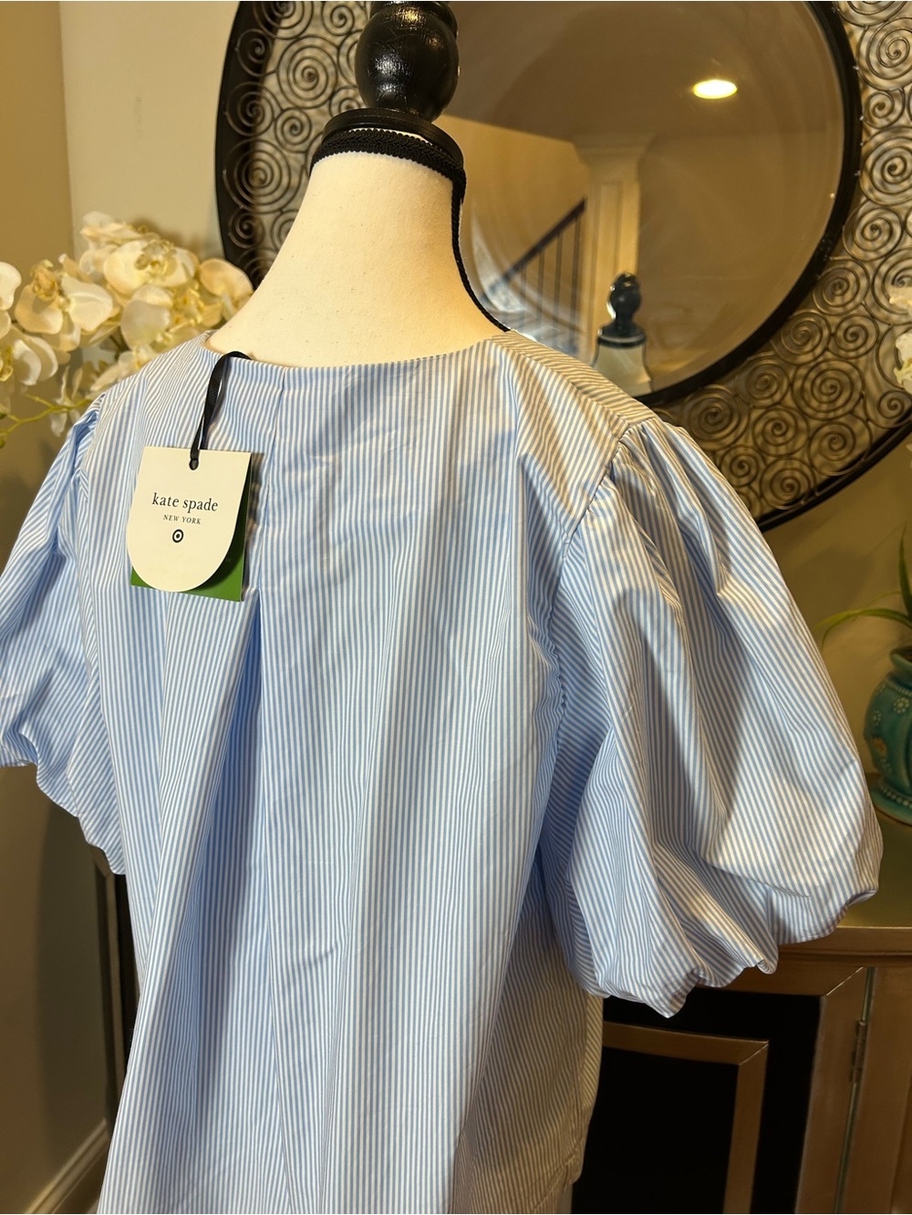 kate spade Blue and White Striped Bow-Front Puff Sleeve Blouse - Picture 7 of 12